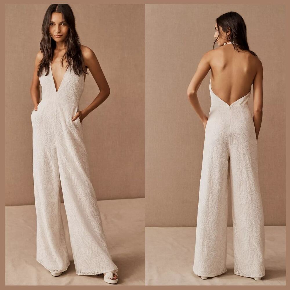 NWT Fame and Partners White Lace Wide-Leg Plunge Jumpsuit - Size 8